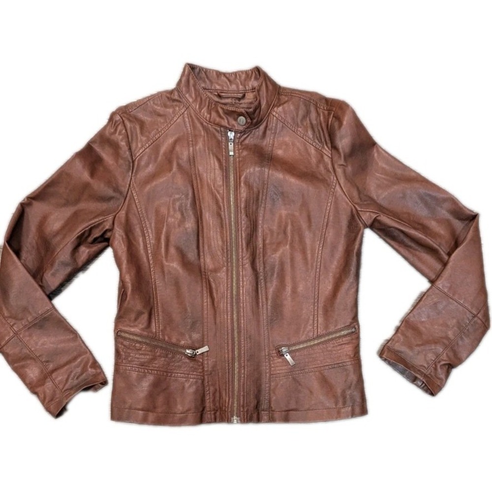 Bernardo Women's M Mahogany Brown Faux Leather Moto Jacket Zip Pockets Lined